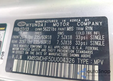 2013 Hyundai Santa Fe Gls/Limited из США, поврежденный, VIN KM8SMDHF5DU004326